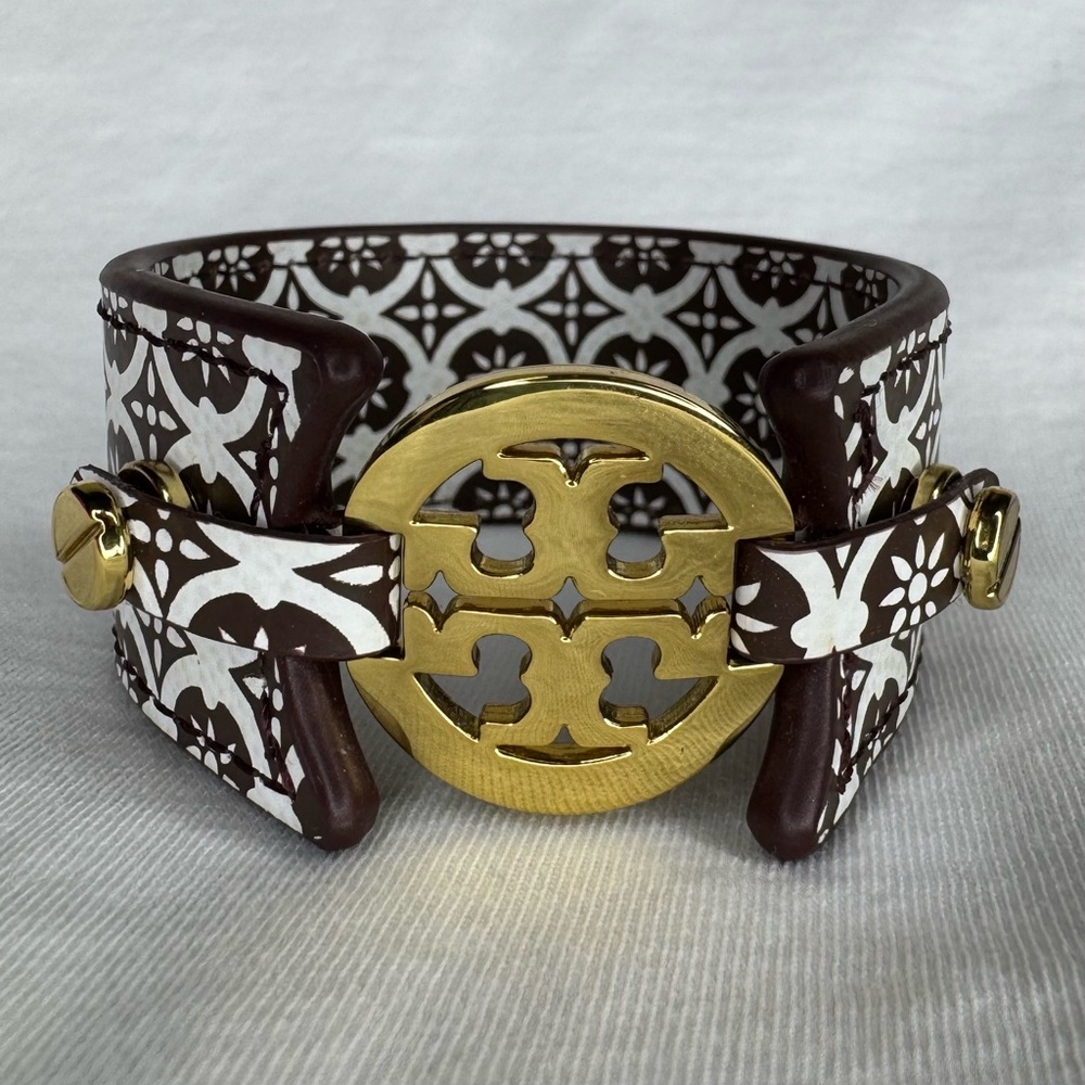 Tory Burch Brown & White Leather Gold Cuff Bracelet